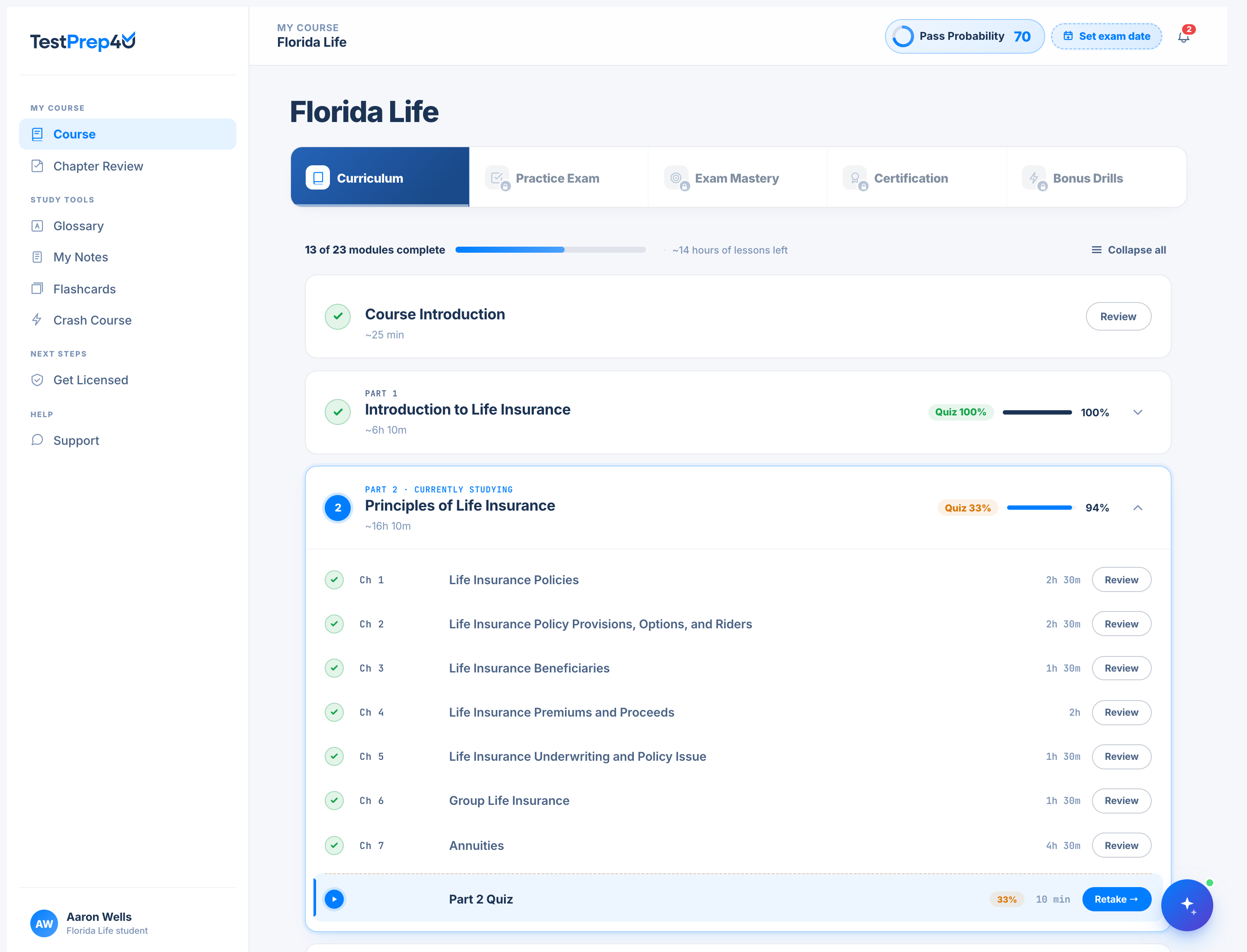 TestPrep4U student dashboard — Florida Life course curriculum and progress